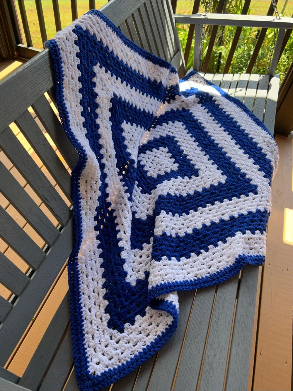 Handmade crochet blue & white throw. Approximate 46x46” very clean